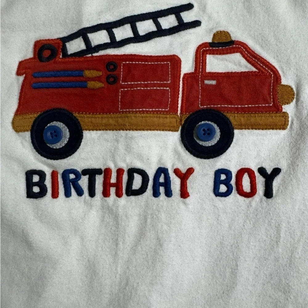 Fire truck Birthday Boy shirt. “Button wheels” 2T